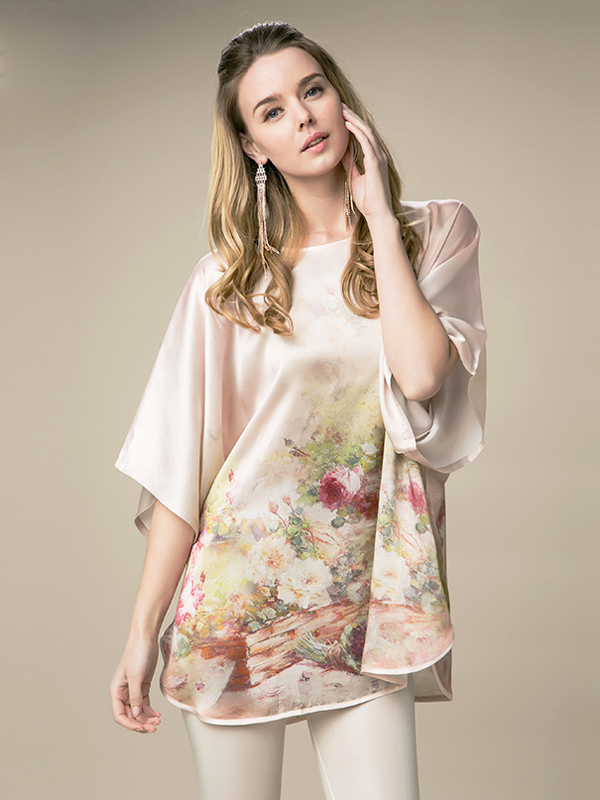 19 Momme Artful Floral Printed Loose Silk Nightgown-Real Silk Life