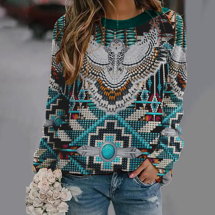 Classic Eagle Pattern Printed Dot Pattern Women Ethnic Pullover Sweatshirt