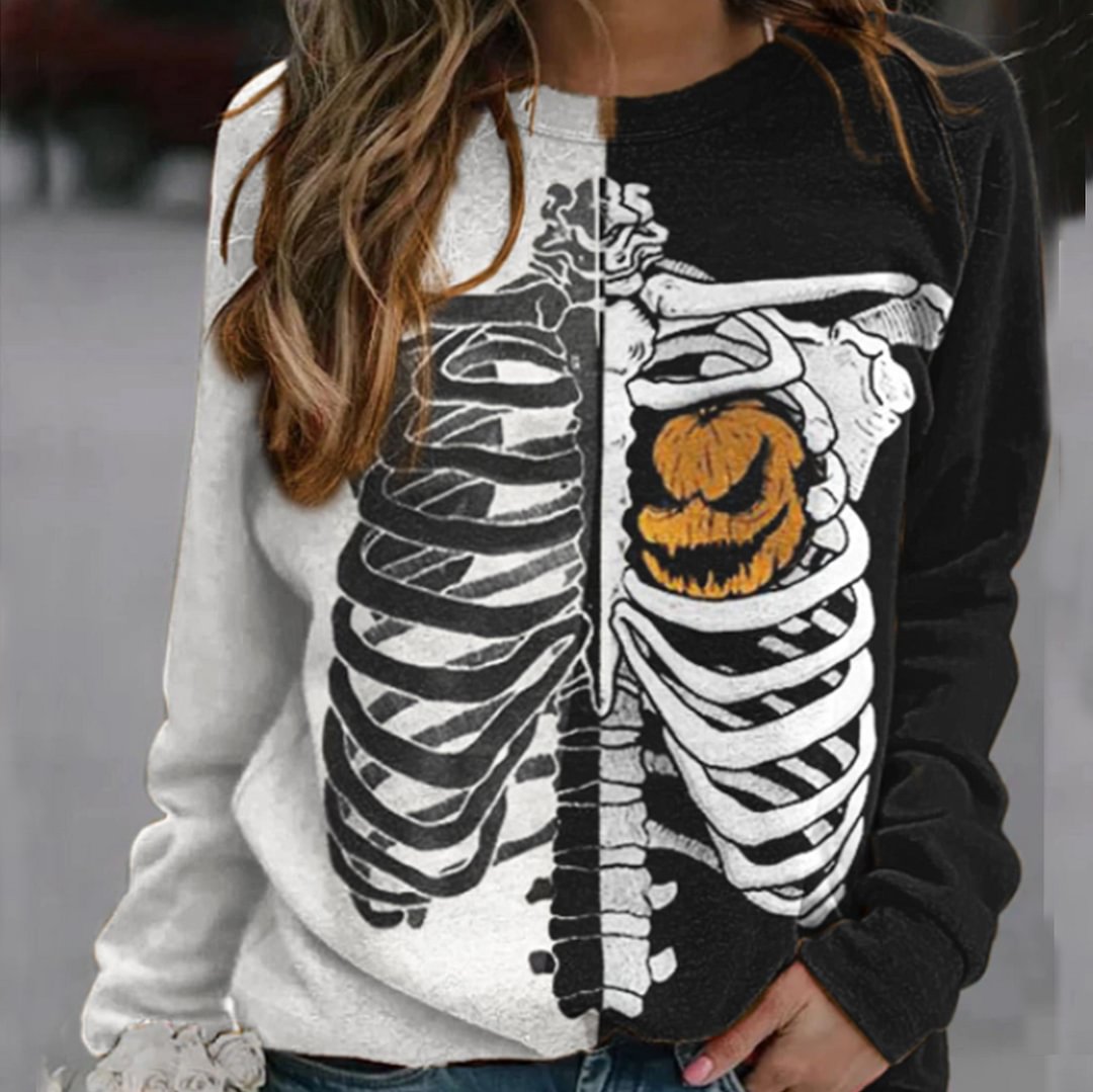 Human Bones Pumpkin Print Contrast Color Sweatshirt