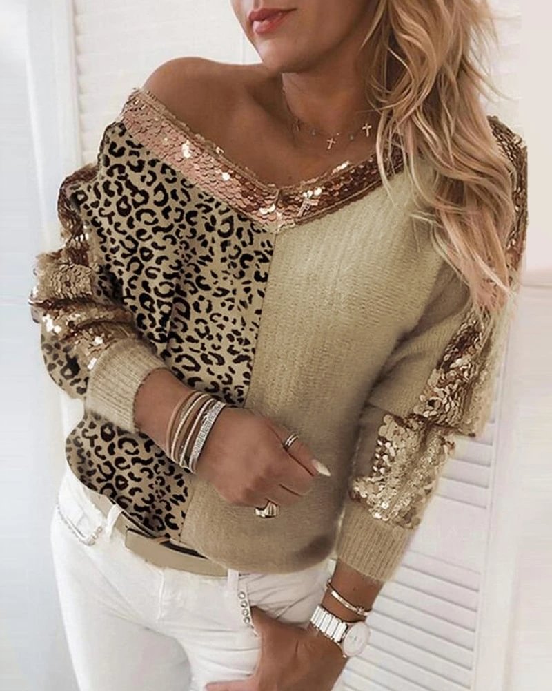 V Neck Leopard Sequin Pattern Knit Cardigan-Corachic