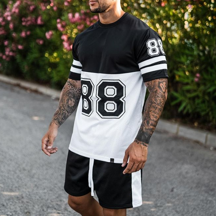 BrosWear Black And White Contrast T-Shirt And Shorts Two Piece Set