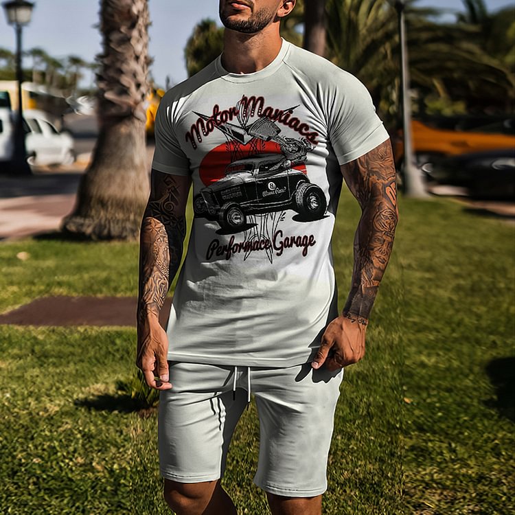 BrosWear Light Gray  Car Printing T-Shirt And Shorts Two Piece Set