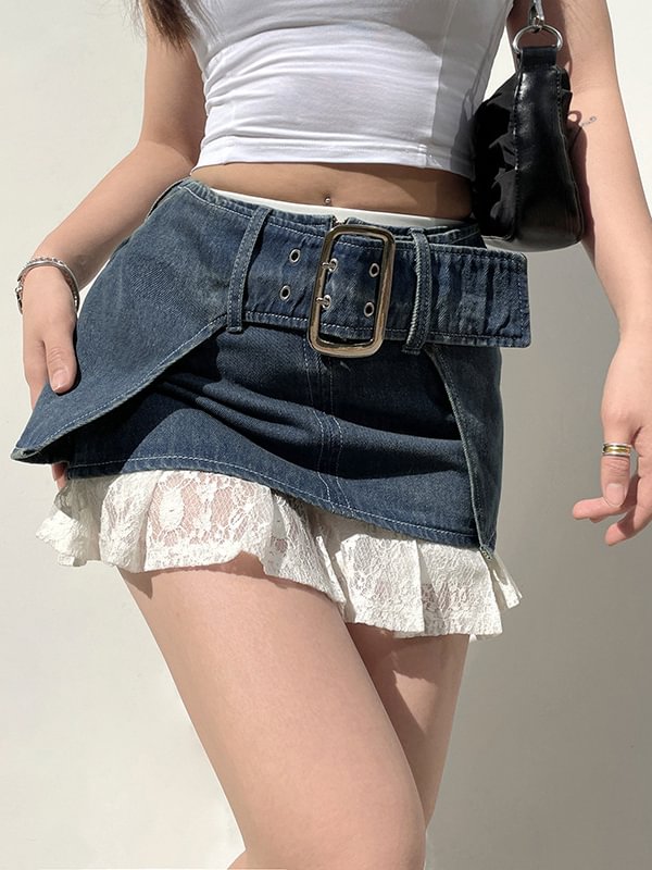Statement Solid Color Buckle Strap Denim Bodycon Mini-skirt