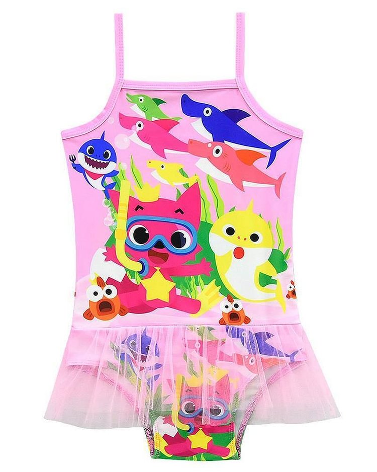 Baby Shark Adventure Prints 3-10 Years Girls One Piece Tulle Swimsuit-Mayoulove