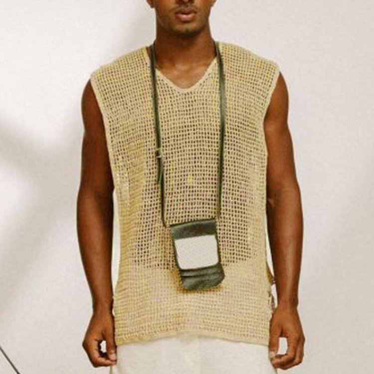 Mesh Sleeveless O-neck Streetwear Lace Up See Through Side Split Men Tank Tops