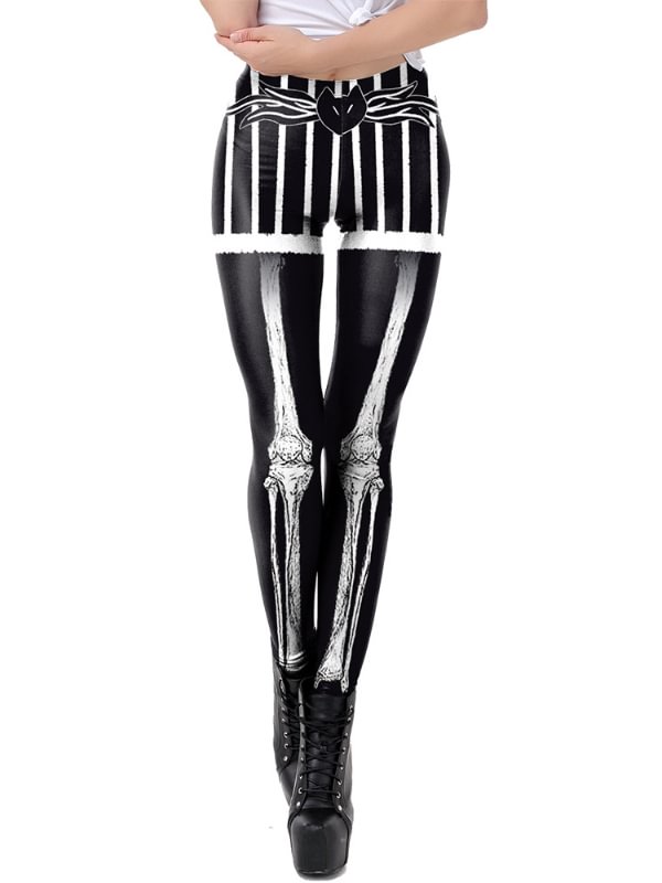 Gothic Dark 3D Printed Skeleton Cat Stripes High Rise Slim Leggings