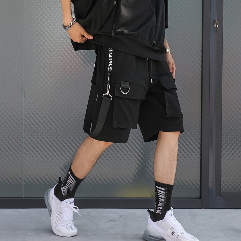 Strapped Summer Street Casual Loose Black Shorts Pants With Drawstring / Techwear Club / Techwear