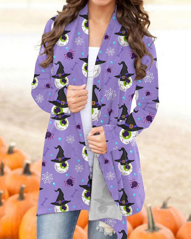 Halloween Spiders And Eyes Printing Casual Open Front Cardigan