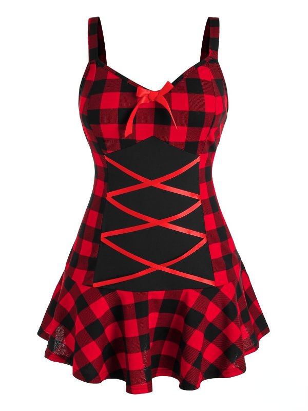 Checkered Color Block Bowknot V Neck Spaghetti Straps Lace Up Dress