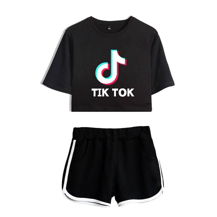 Tik Tok Women 2PCS Crop Tops Shorts Streetwear Basic Cotton Crop-Mayoulove