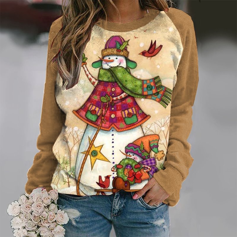 Christmas Snowman Painting Printed Women's Crew Neck Sweatshirt