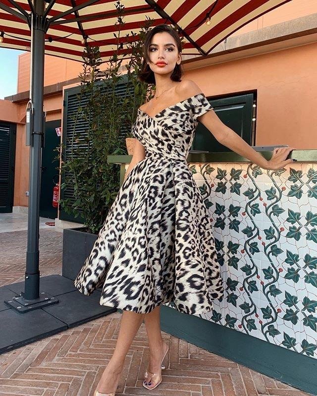 Promsstyle Leopard print off shoulder midi swing dress