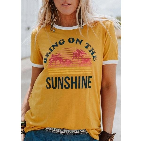 Plus Size Women Short Sleeve Bring On The Sunshine Print O-Neck T-Shirt Tops Tee-Corachic