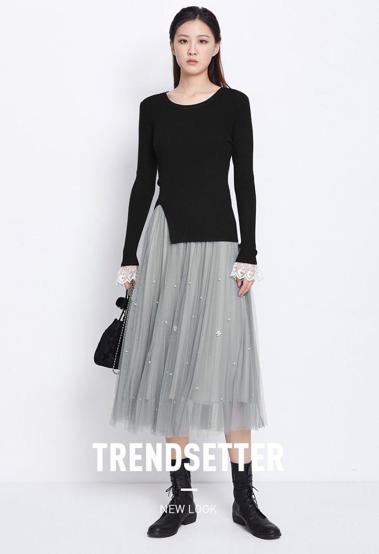 SDEER Elastic Net Yarn Bright Bead High Waist Long Skirt Pleated