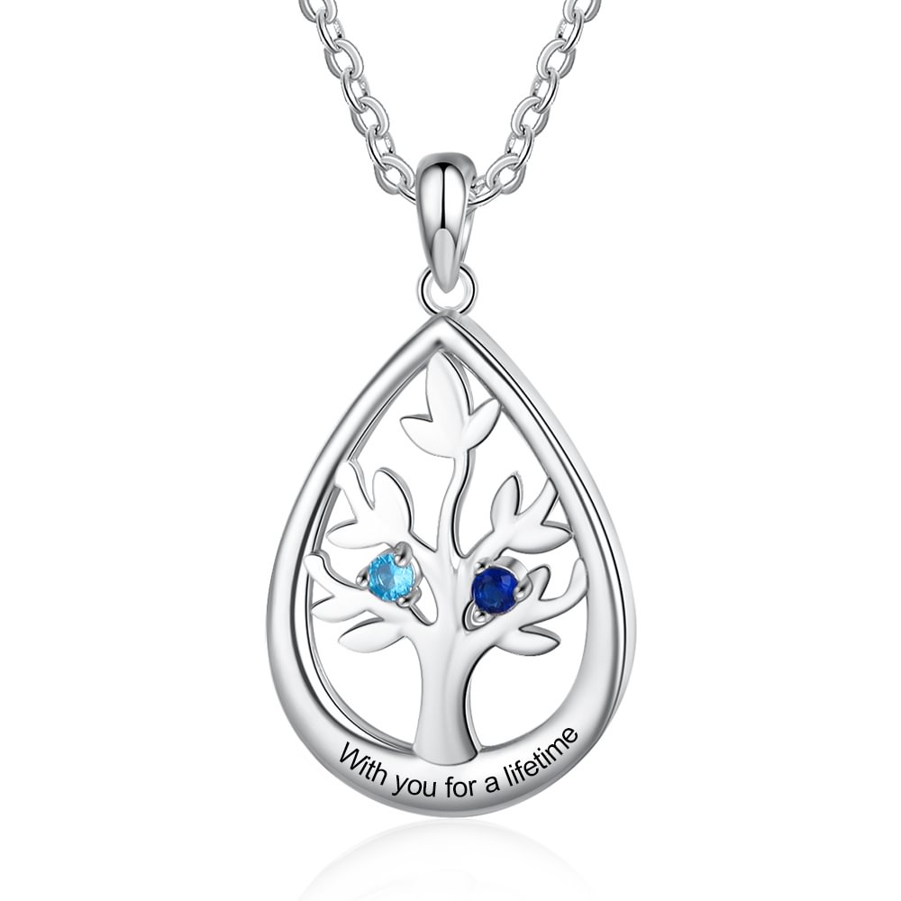 Personalized Tree of Life Water Drop Necklace with 2 Birthstones and 1 Text