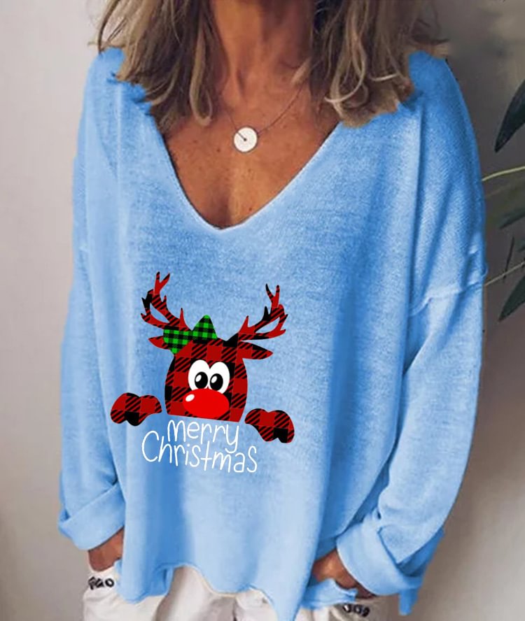 Merry Christmas Letter & Little Crab Print Women V-neck Blouse For Christmas