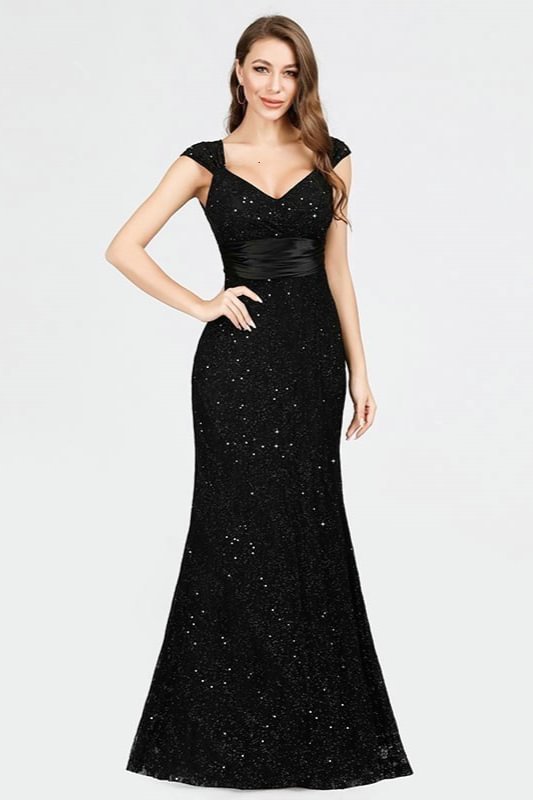 black cap sleeve lace mermaid prom dress with beadings