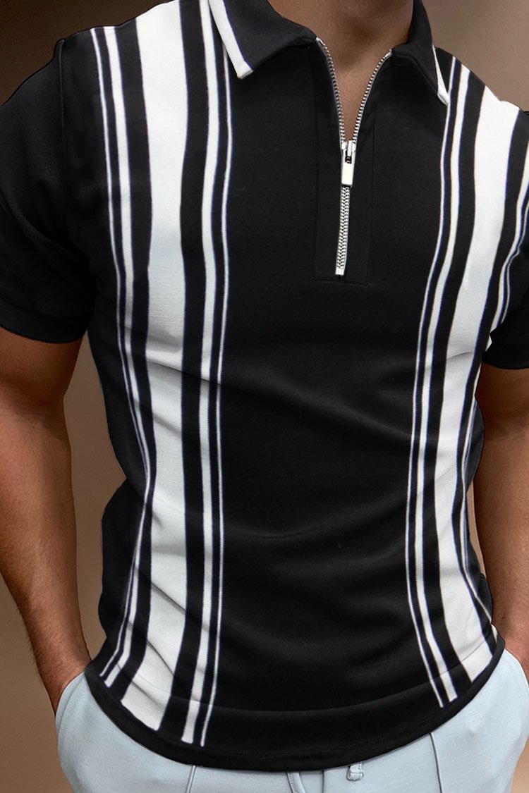 Tiboyz Fashion Casual Striped 3D Print Lapel Zipper Polo Shirt