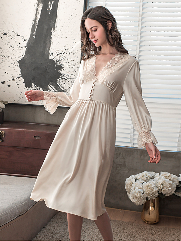 19 Momme Royal Lacey Luxurious Silk Nightgown-Real Silk Life