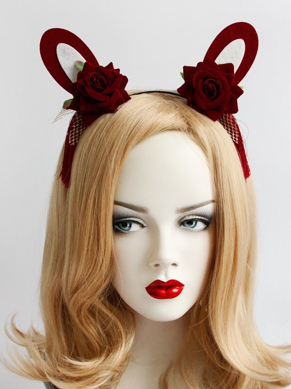 Gothic Dark Cosplay Costumes Cute Rabbit Ears Rose Decorated Fringe Hair Clasp