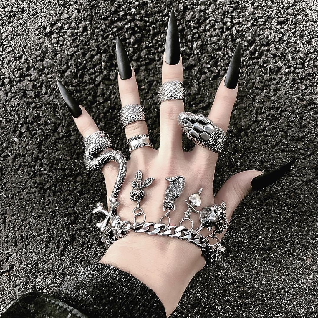 Dark Goth Street Hip-hop Horror Python Split Punk 4 4-piece Ring Set / Techwear Club / Techwear