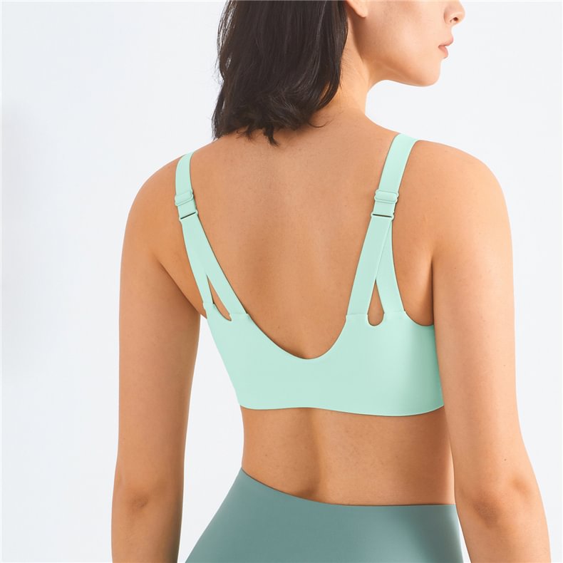 Hergymclothing pale mint green women open v back u neck shock absorber push-up adjustable gym workout vest bra for sale