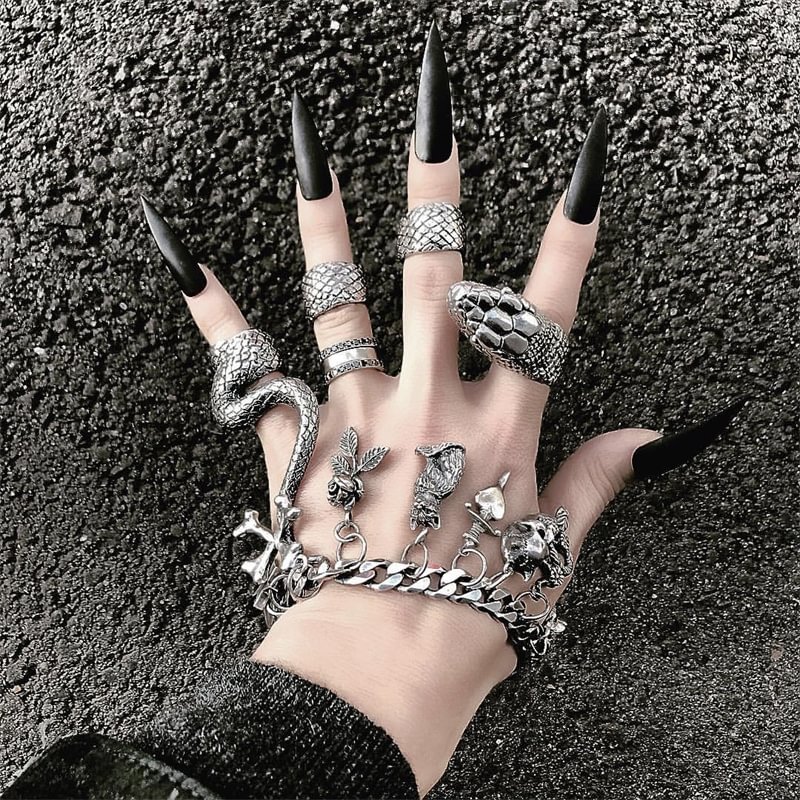 Minnieskull Retro Heavy Metal Dark Gothic Style Python Split Four Piece Ring Set - Minnieskull