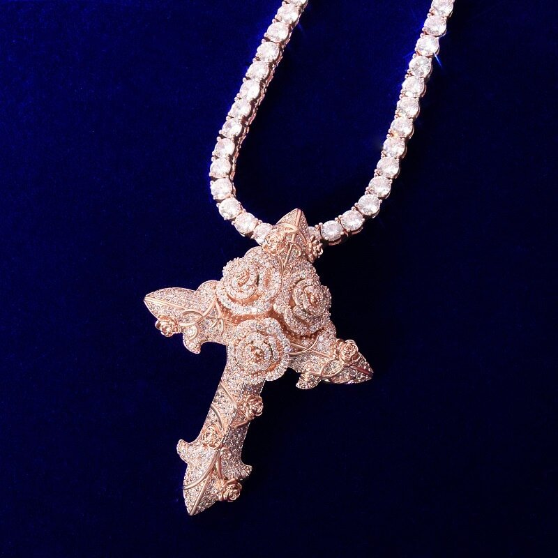 Iced Out Flower Cross Pendant Necklace-VESSFUL