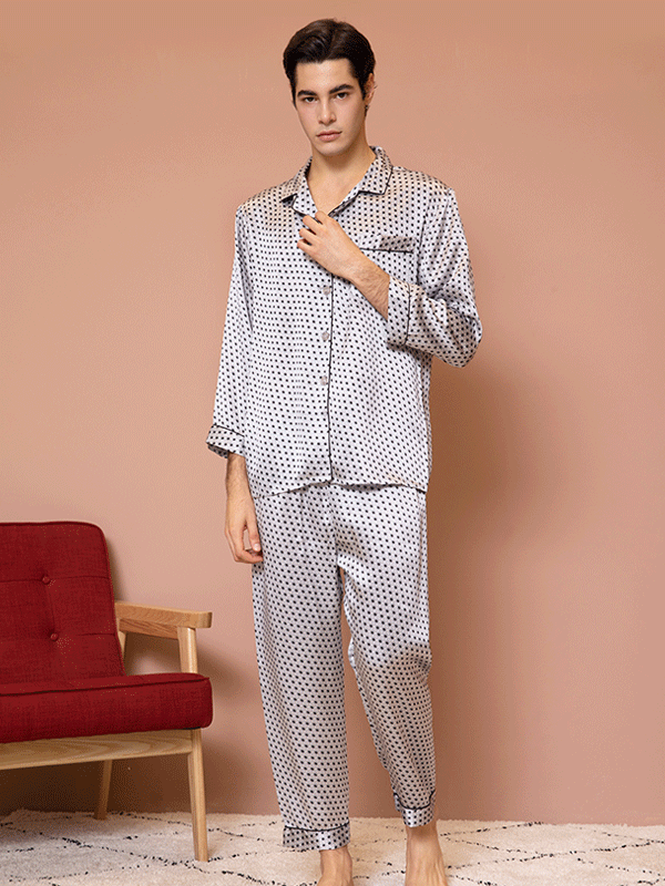 Polka Dot Notched Collar Silk Pajamas Set For Men