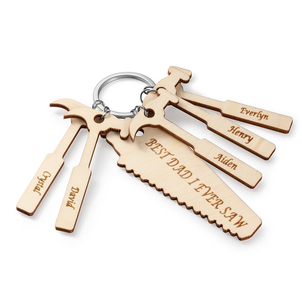 Personalized Wooden Keychain Engraved With Saw Shaped Text And 5 Hammer Names Keychain
