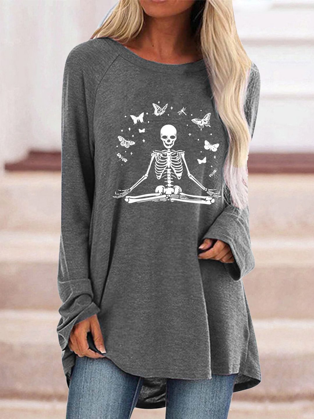 Women's Skull Print Long Sleeves Casual Halloween Top