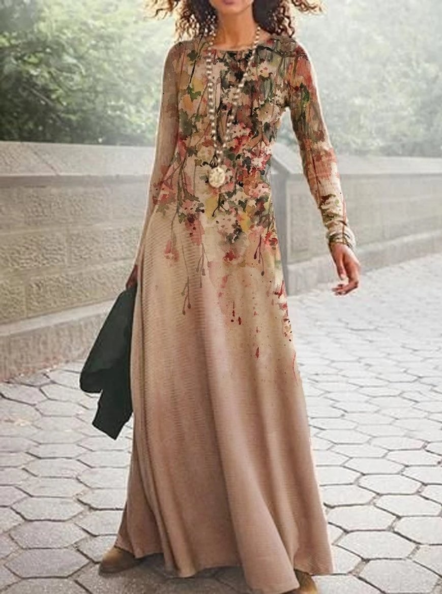 Vintage Floral Print Casual Long-sleeved Maxi Dress-Corachic