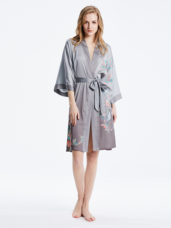 19 MOMME Kimono en soie imprimé floral gris - grande taille-Soie Plus