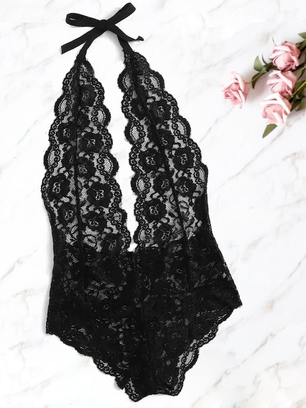Scalloped Trim Floral Lace Teddy Bodysuit-Icossi