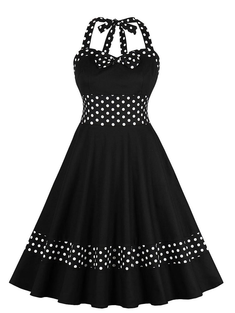 Mayoulove 1950s Dress Polka Dot Patchwork Halterneck Dress-Mayoulove