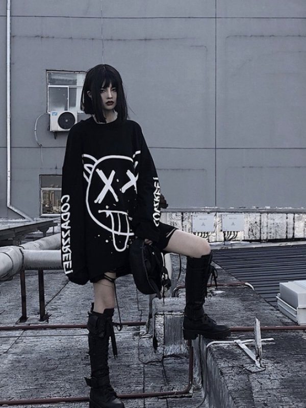 Dark Goth Oversized Long Sleeve Round Neck Emo Black Hoodie