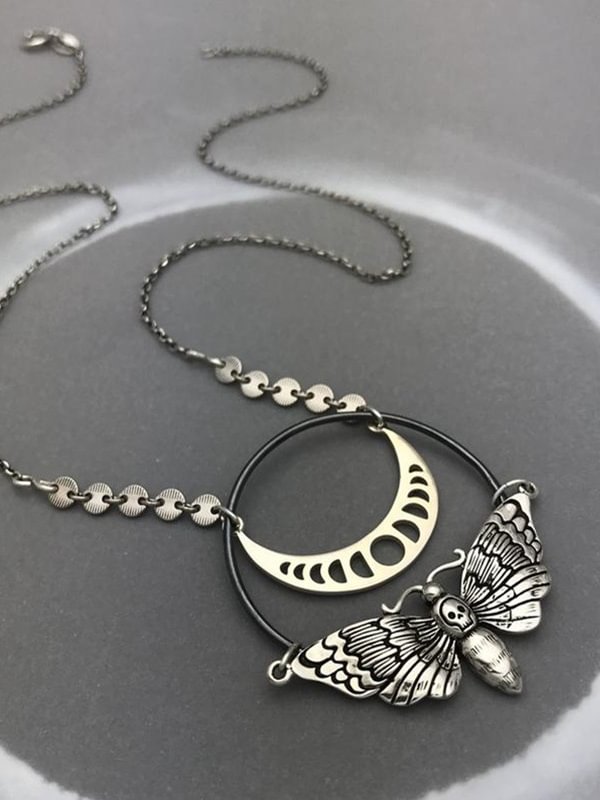 Gothic Dark  Moon Necklace with Skeleton Butterfly Pendant