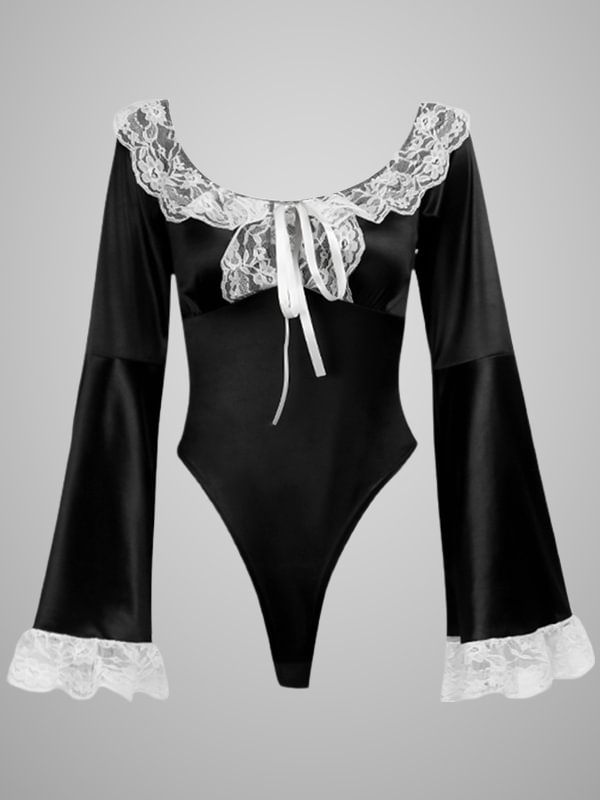 Gothic Dark Sweet Vintage Lace Bell Sleeve Slim Bodysuit