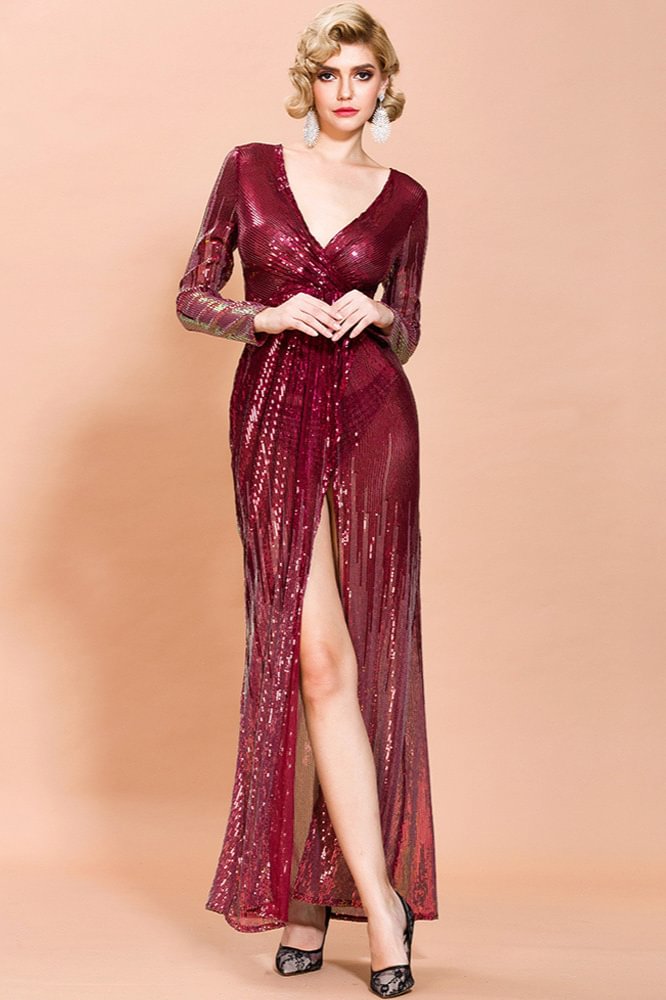 burgundy long sleeve sequins prom dress with split
