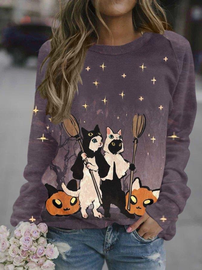 Funny Halloween Cat Women’s Shift Long Sleeve Crew Neck Casual Sweatshirt-Mayoulove