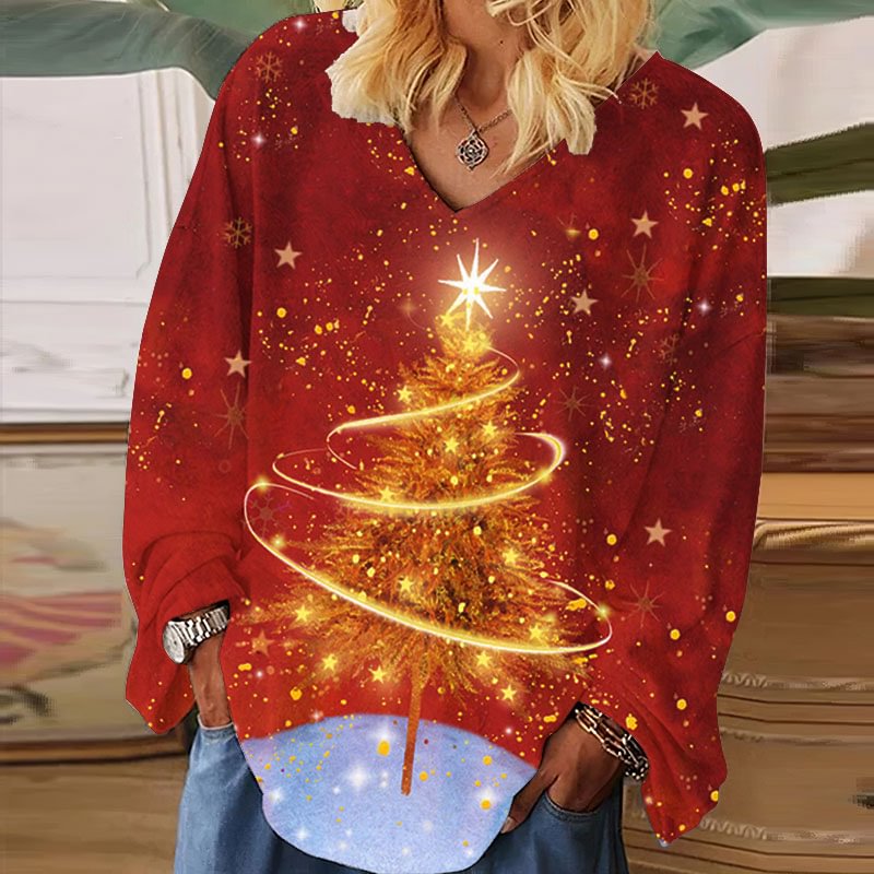 Bright Starry Christmas Tree Full Print Women Red Top