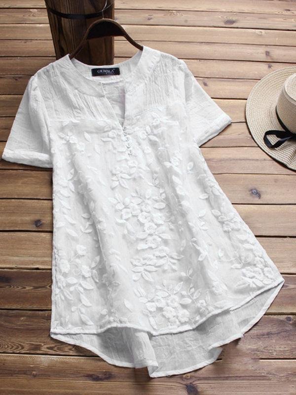 Ladies V-neck lace embroidered stitching pullover short sleeve shirt-Mayoulove