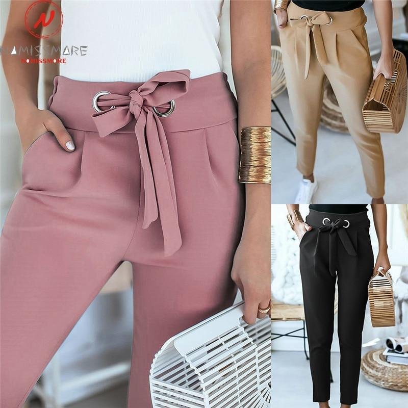 England Style Women Summer Solid Color Pencil Pants Bandage Design Pockets Decor High Waist Slim Hips Trousers for Streetwear P11425