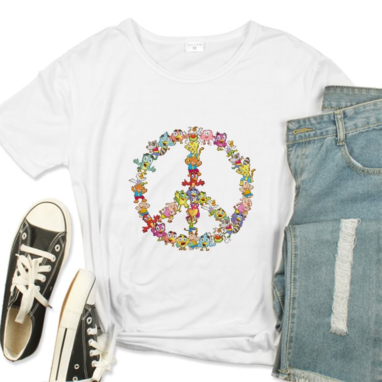 BrosWear Women's Peace Flower Print Crew Neck Short Sleeve T-Shirt