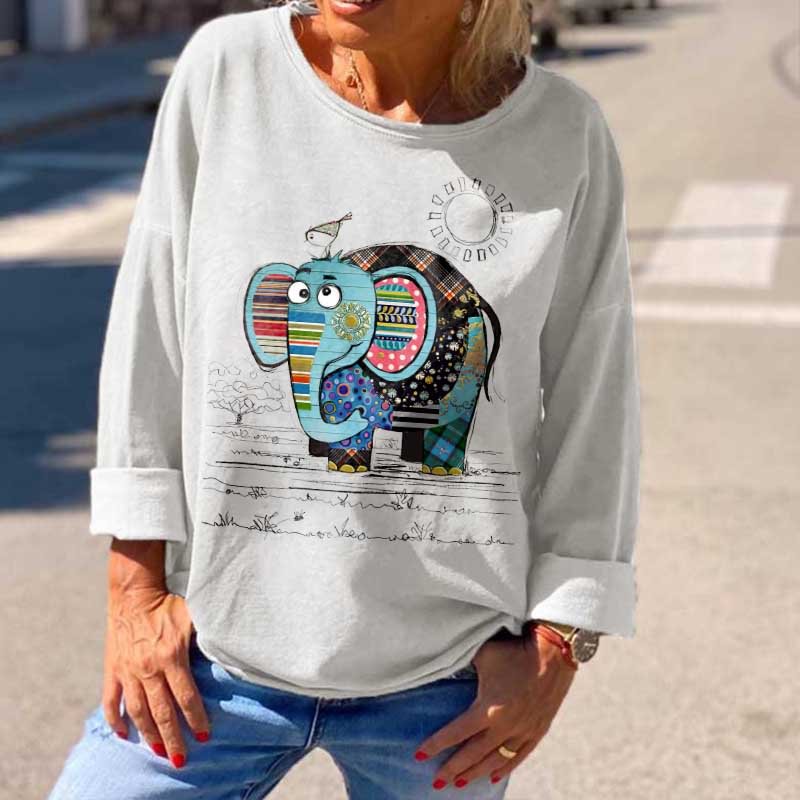 Crew Neck Featured Elephant Printed Women's Casual T-shirt