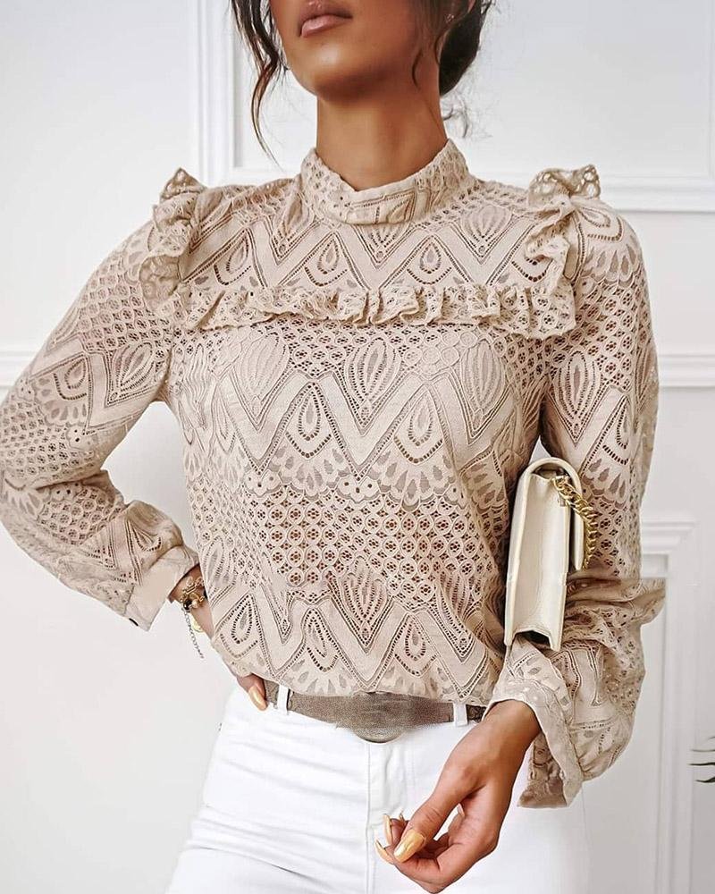 Lace Frill Hem Hollow Out Long Sleeve Top P12973