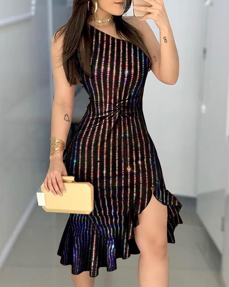 One Shoulder Striped Ruffled Slit Party Dress-Corachic