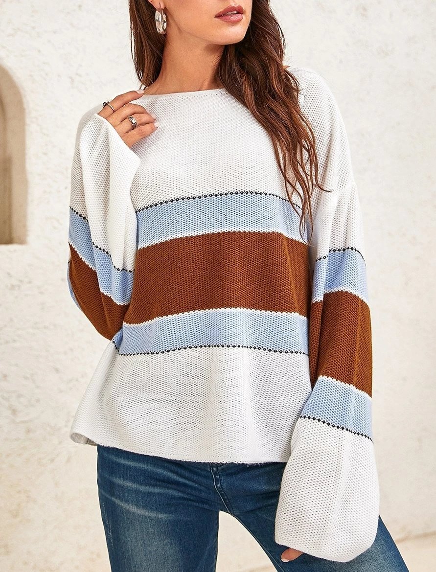 Ladies Color Striped Loose Long Sleeve Sweater-Corachic