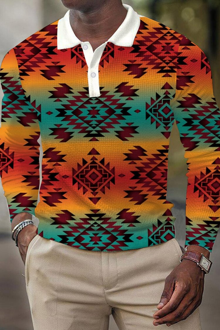 Tiboyz Men's Ethnic Geometric Print Long Sleeve Polo Shirt