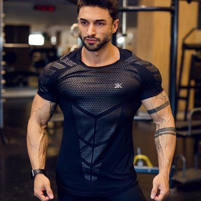Mens T-shirt Sporting Tee Shirt Male Gyms Fitness Bodybuilding Workout Black Tops Quick dry Clothing-Corachic